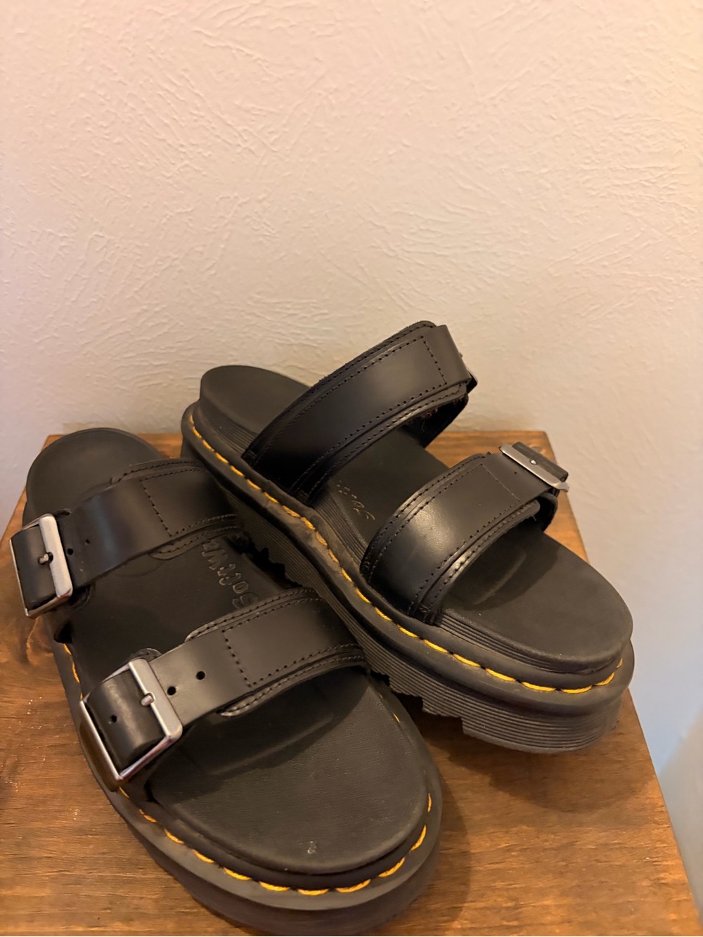 Women’s Dr Marten Black Leather Double-Strap Slide Sandals